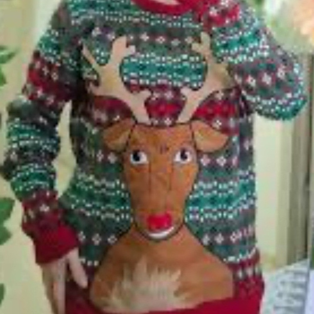 Christmas Sweater L Reindeer Holiday Green Red Festive Ugly Cute grandma sweater